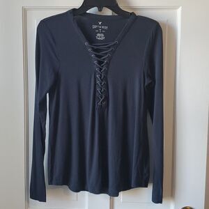 American Eagle Soft & Sexy Lace Up Long Sleeve Tee in XS Soft Black